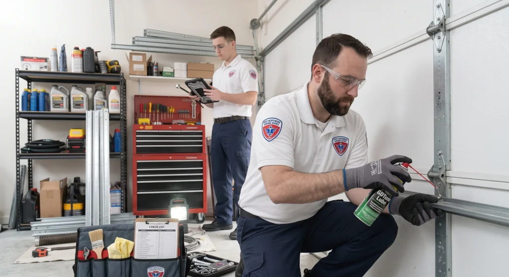 A technician applying spray lubricant to door track hinges during Regular Garage Door Maintenance.