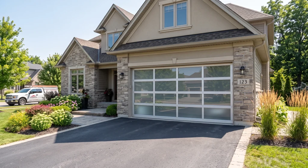 Exterior of a suburban home featuring a modern full-view glass door, demonstrating stylish options for Garage Door Replacement Panels.
