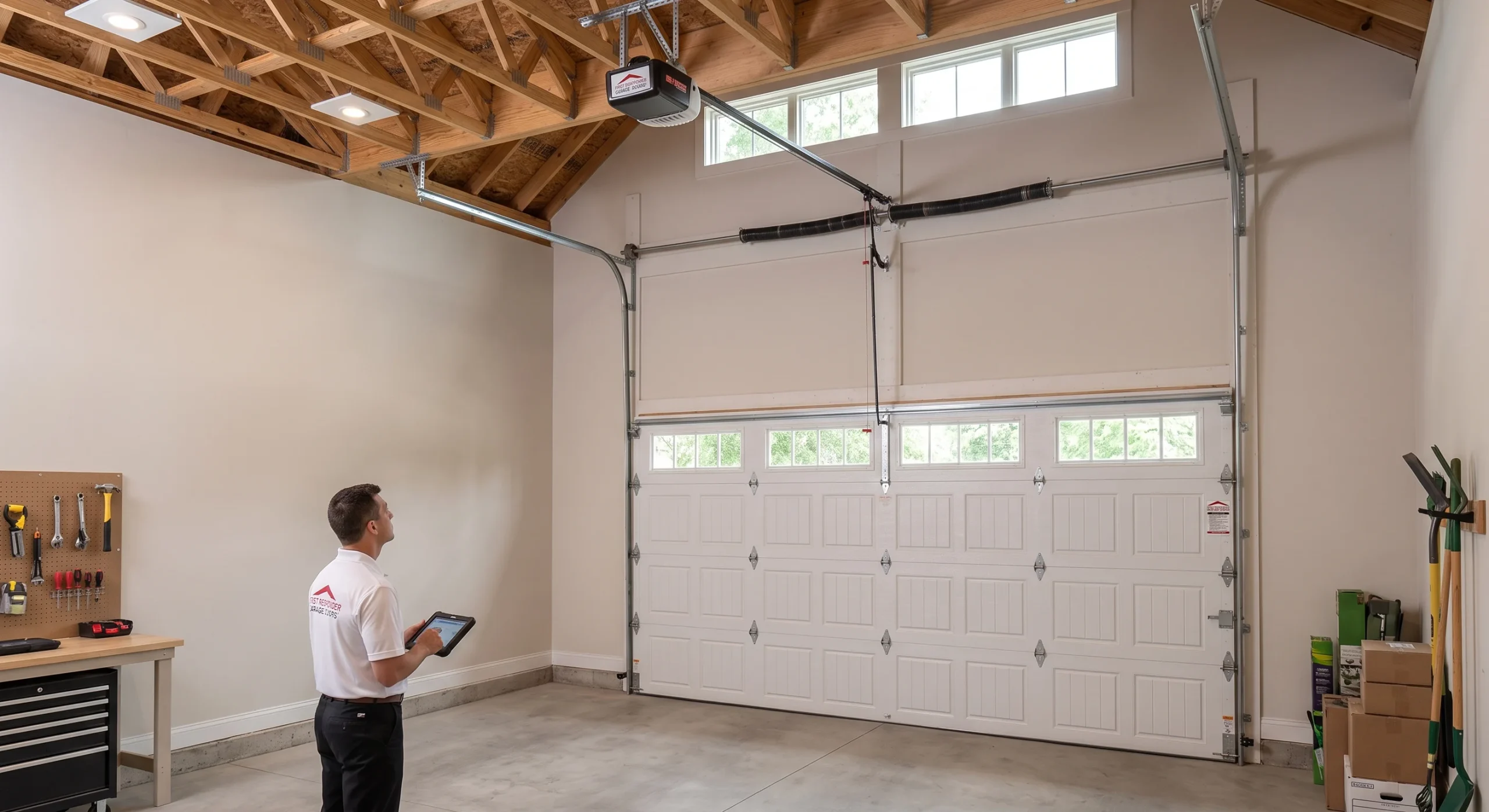 A technician with a tablet inspecting vertical tracks and torsion springs on a High Lift Garage Door installation in a high-ceiling space.