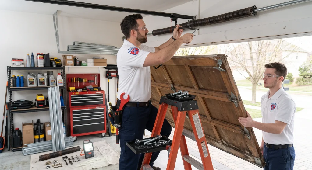 Two technicians carefully holding and securing a wooden section during the process of replacing your garage door panels.
