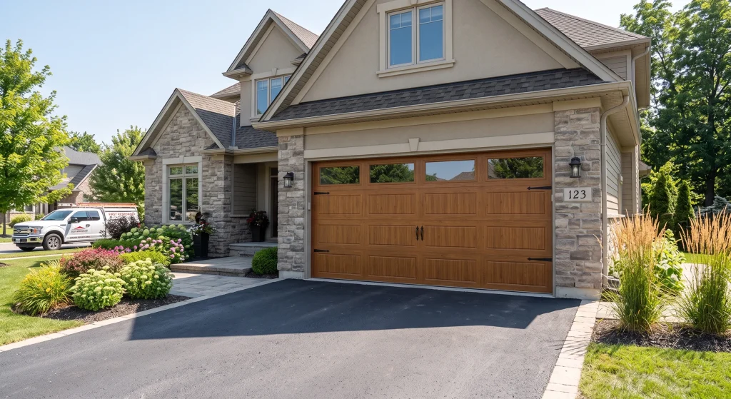 Exterior of a two-story suburban home showcasing a rich wooden carriage-style door with upper window inserts, illustrating Wood Garage Door Panels.