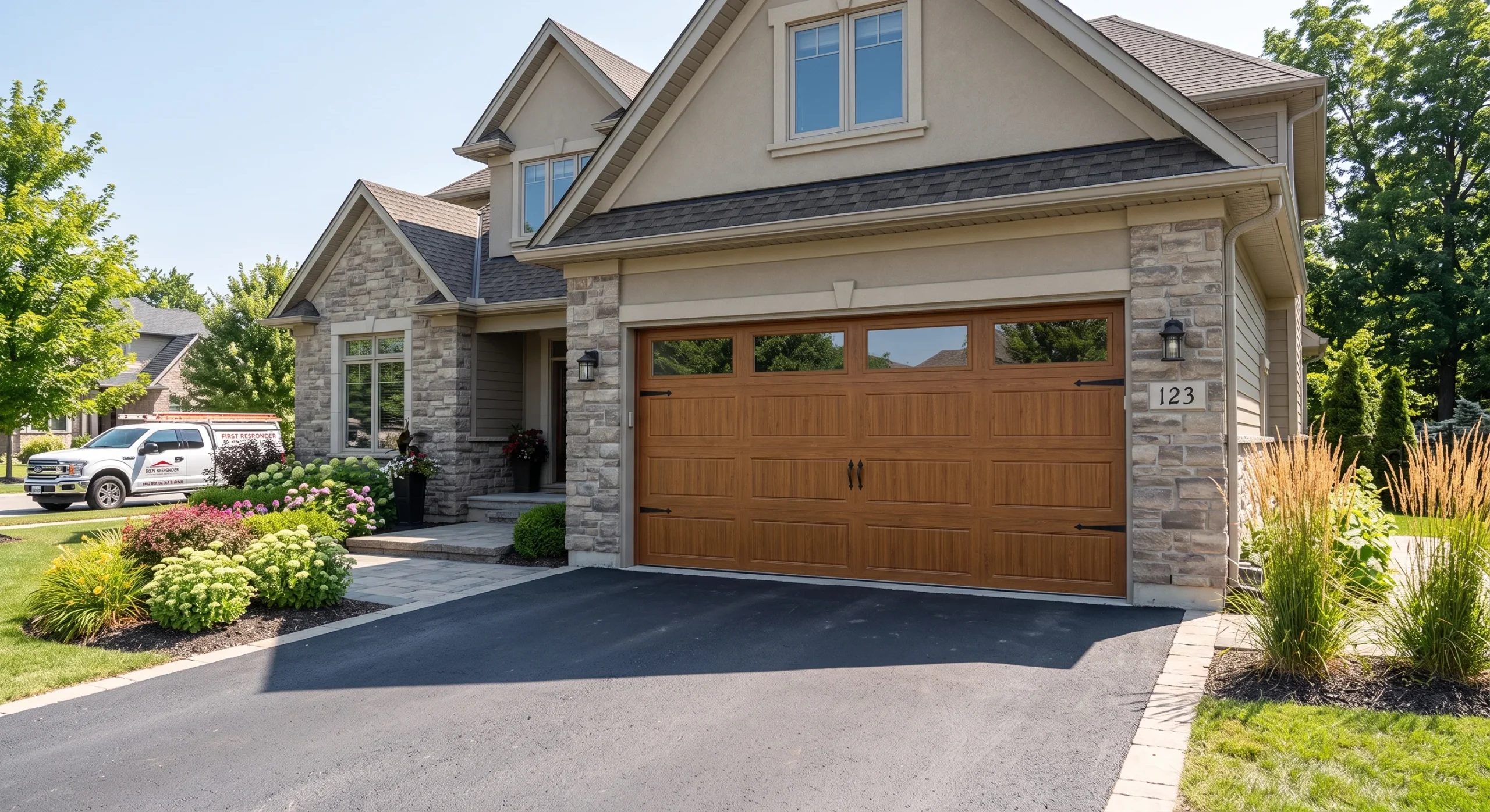 Exterior of a two-story suburban home showcasing a rich wooden carriage-style door with upper window inserts, illustrating Wood Garage Door Panels.