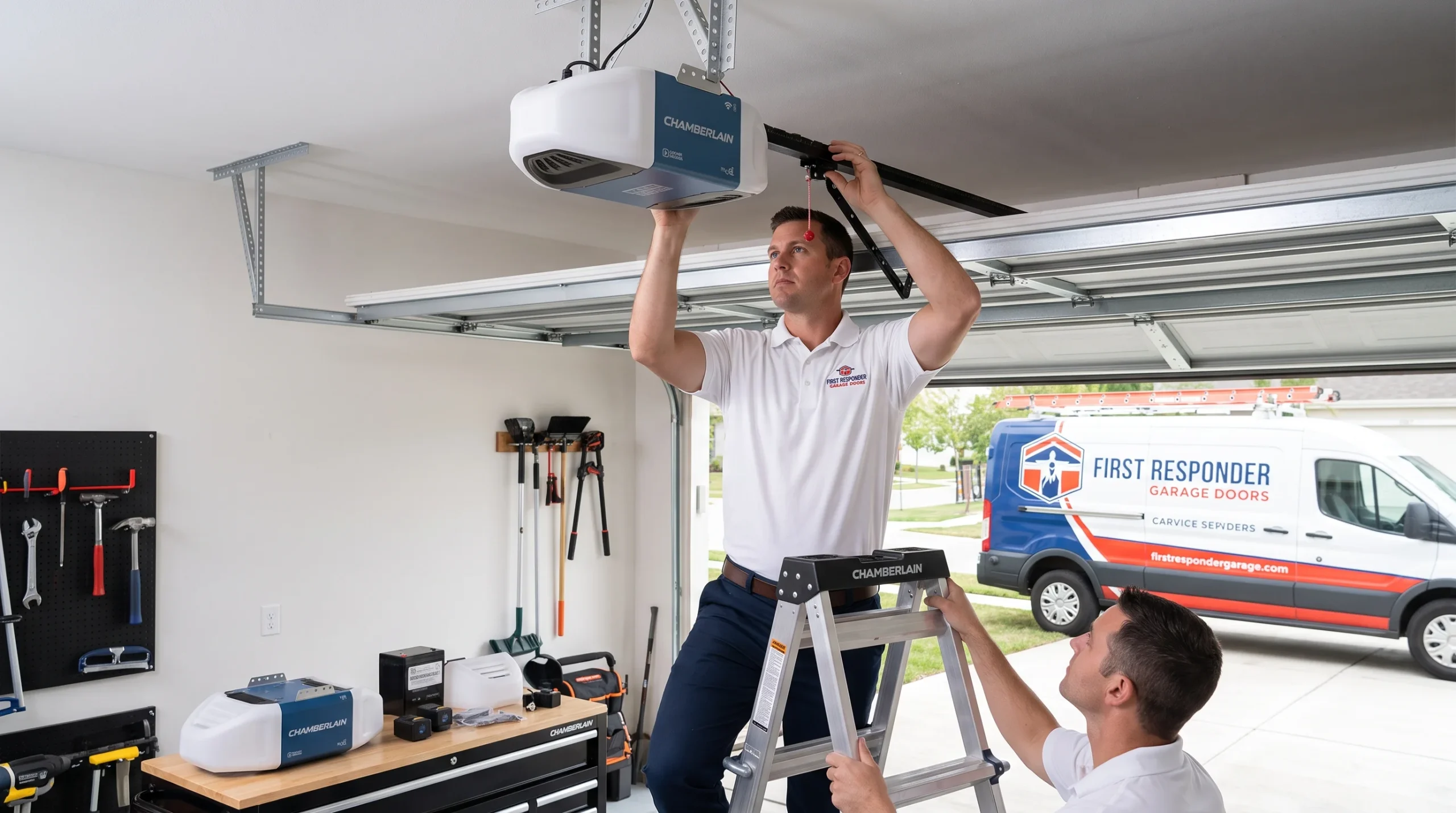 Two technicians fitting a ceiling-mounted Chamberlain motor during a Garage Door Opener Installation in Southlake, TX.