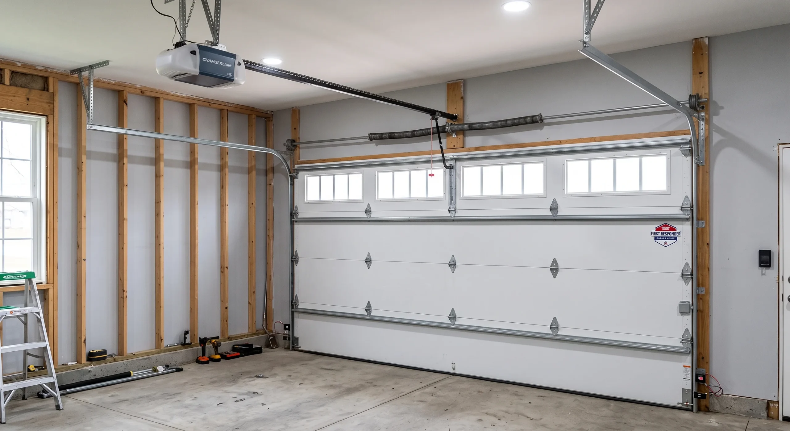 A newly installed Chamberlain overhead motor and rail mechanism attached to a white sectional door for a Garage Door Opener Installation.