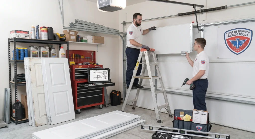 Two technicians in matching uniforms installing modular replacement panel sections during a service call for a Garage Door Repair Company.