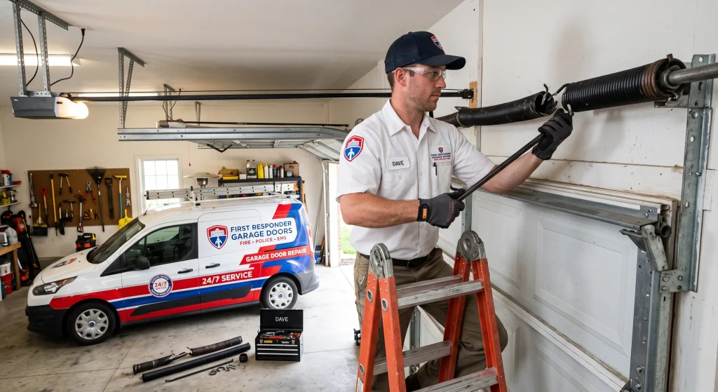 A technician using a winding bar on a step ladder to handle a Garage Door Spring Replacement.