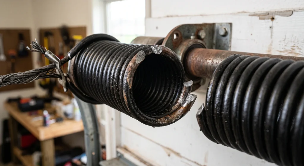 A close-up view of a broken heavy-duty torsion spring on a center shaft needing Garage Door Spring Replacement in Southlake, TX.