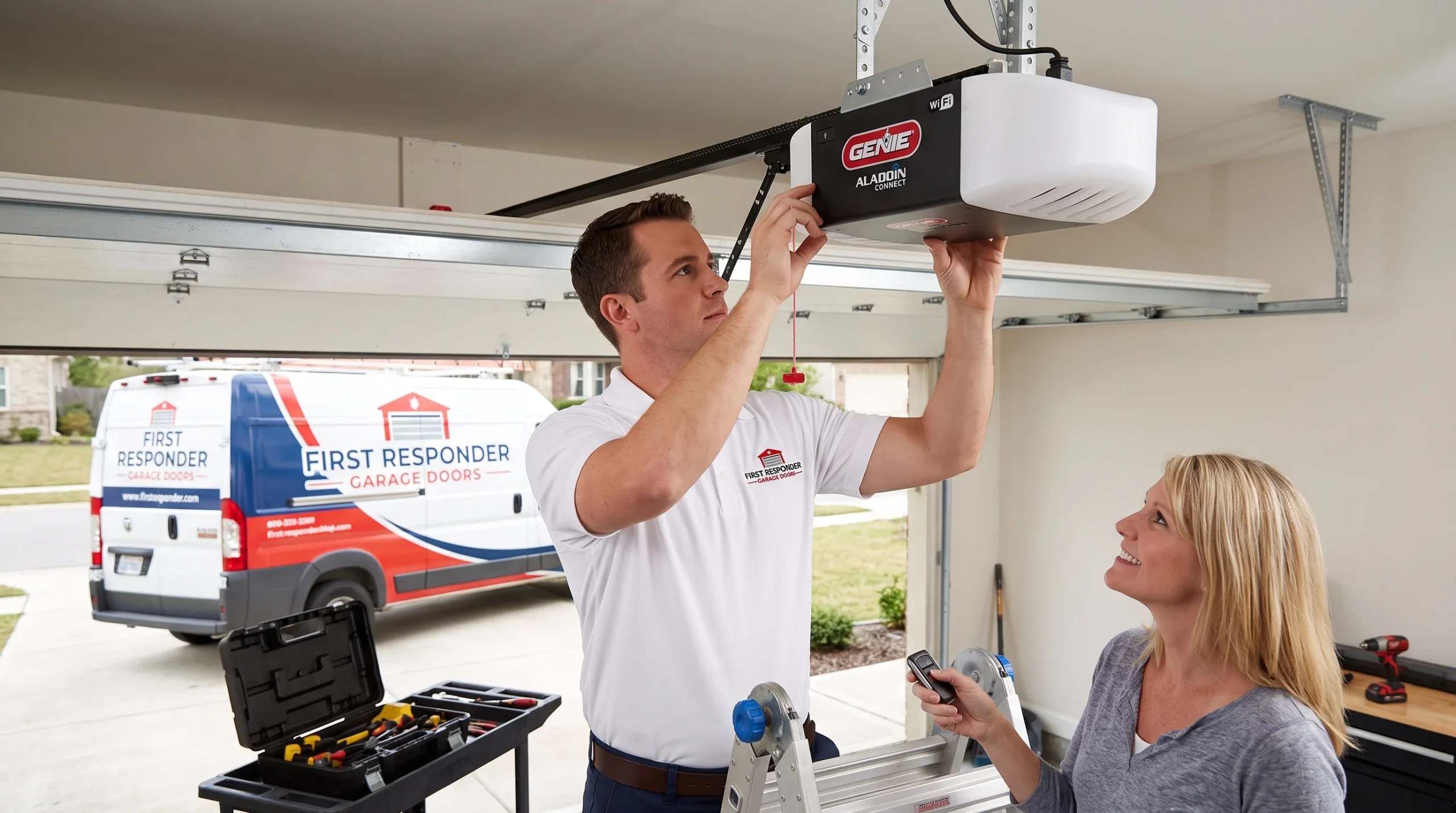 A technician installing a Genie Aladdin Connect opener while speaking to a homeowner about installing a Genie Garage Door Opener for Your Southlake, TX home.