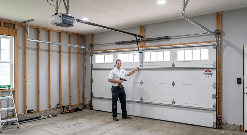 A technician holding a cordless drill beside a newly fitted white panel door during a New Garage Door Installation.