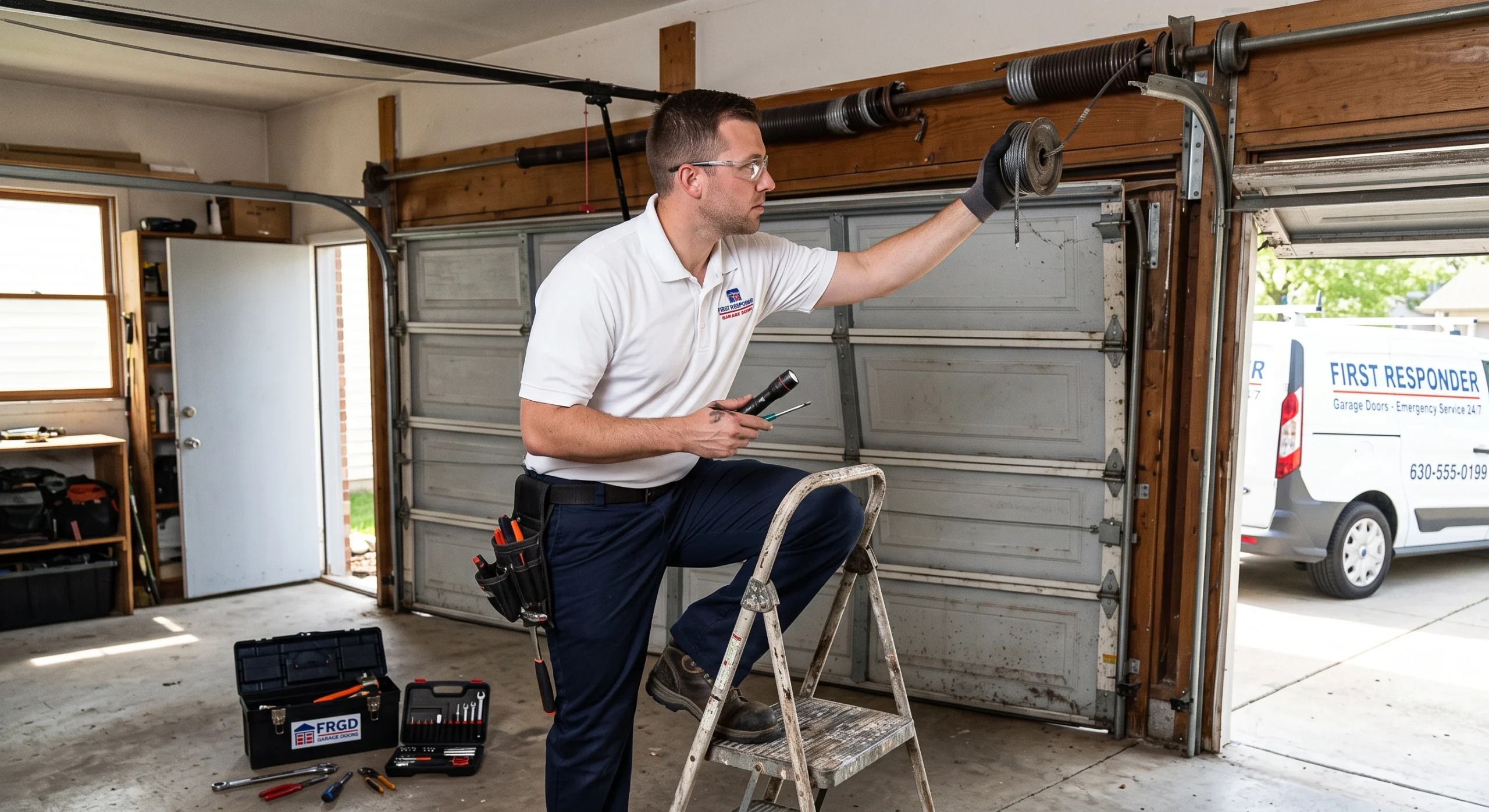 A technician inspecting a rusted cable drum while assessing a door system for New Garage Door vs. Repair.