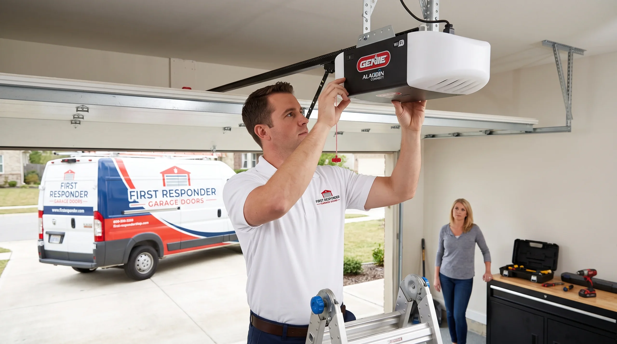 A technician working on a ceiling-mounted Genie motor system for an Overhead Door Opener in Southlake, TX.
