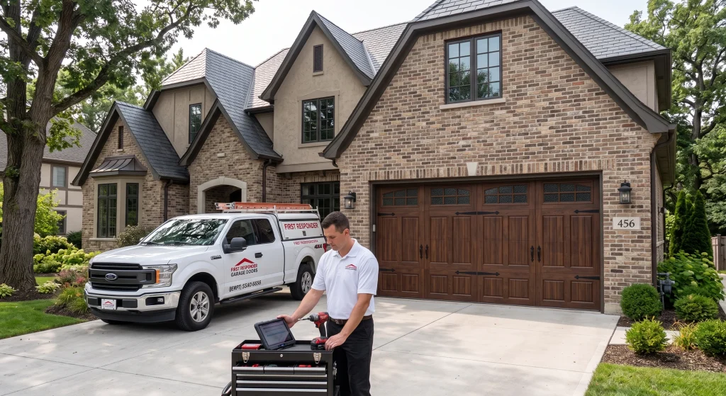 A technician reviewing a diagnostic assessment outside a luxury home to weigh whether Is It Cheaper to Repair or Replace a Garage Door.