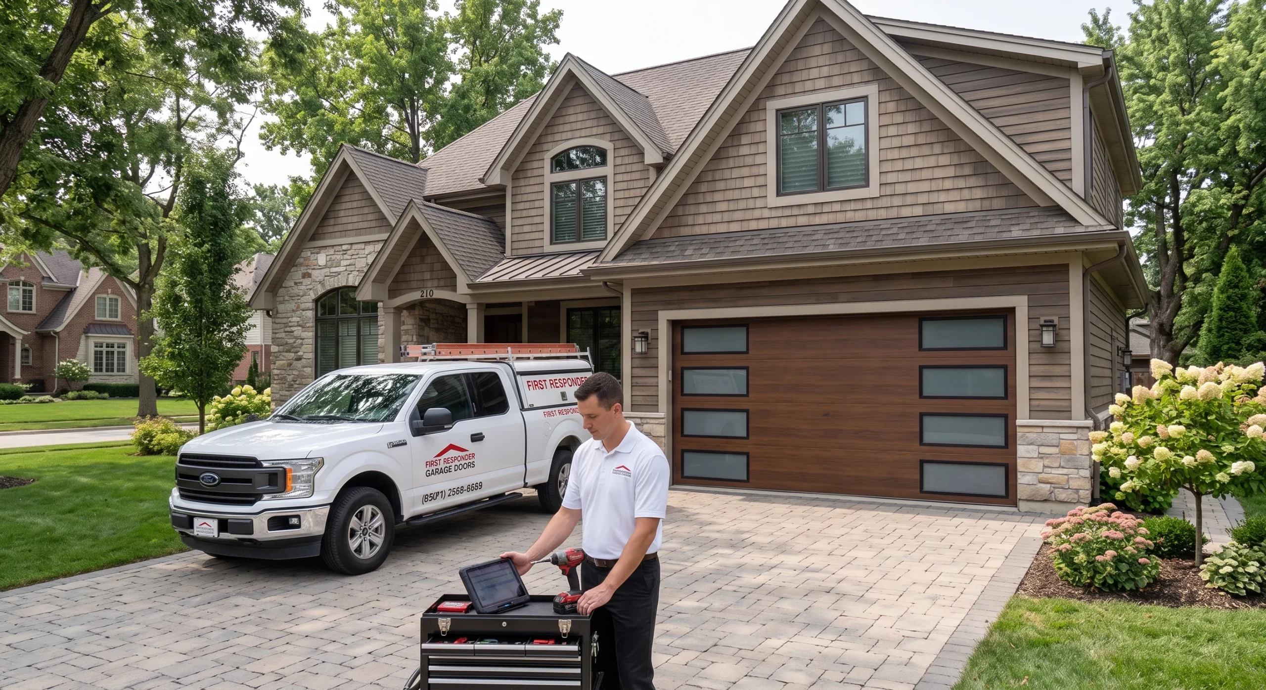 A First Responder Garage Doors service truck parked outside a house for Emergency Garage Door Repair Near Me in Southlake, TX.