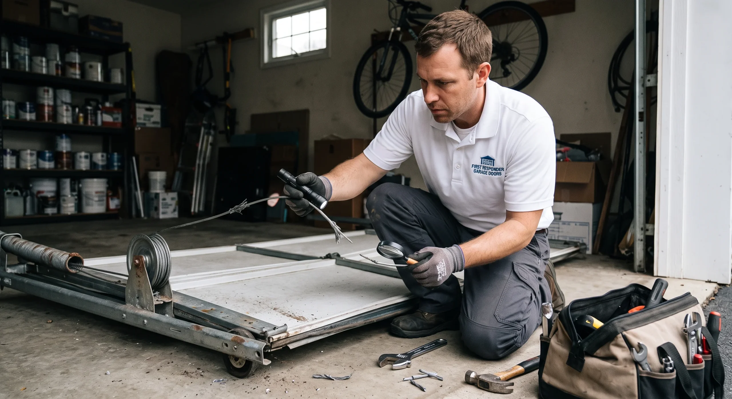 A service technician inspecting frayed cables with a flashlight and magnifying glass to ensure Garage Door Safety in Southlake, TX.