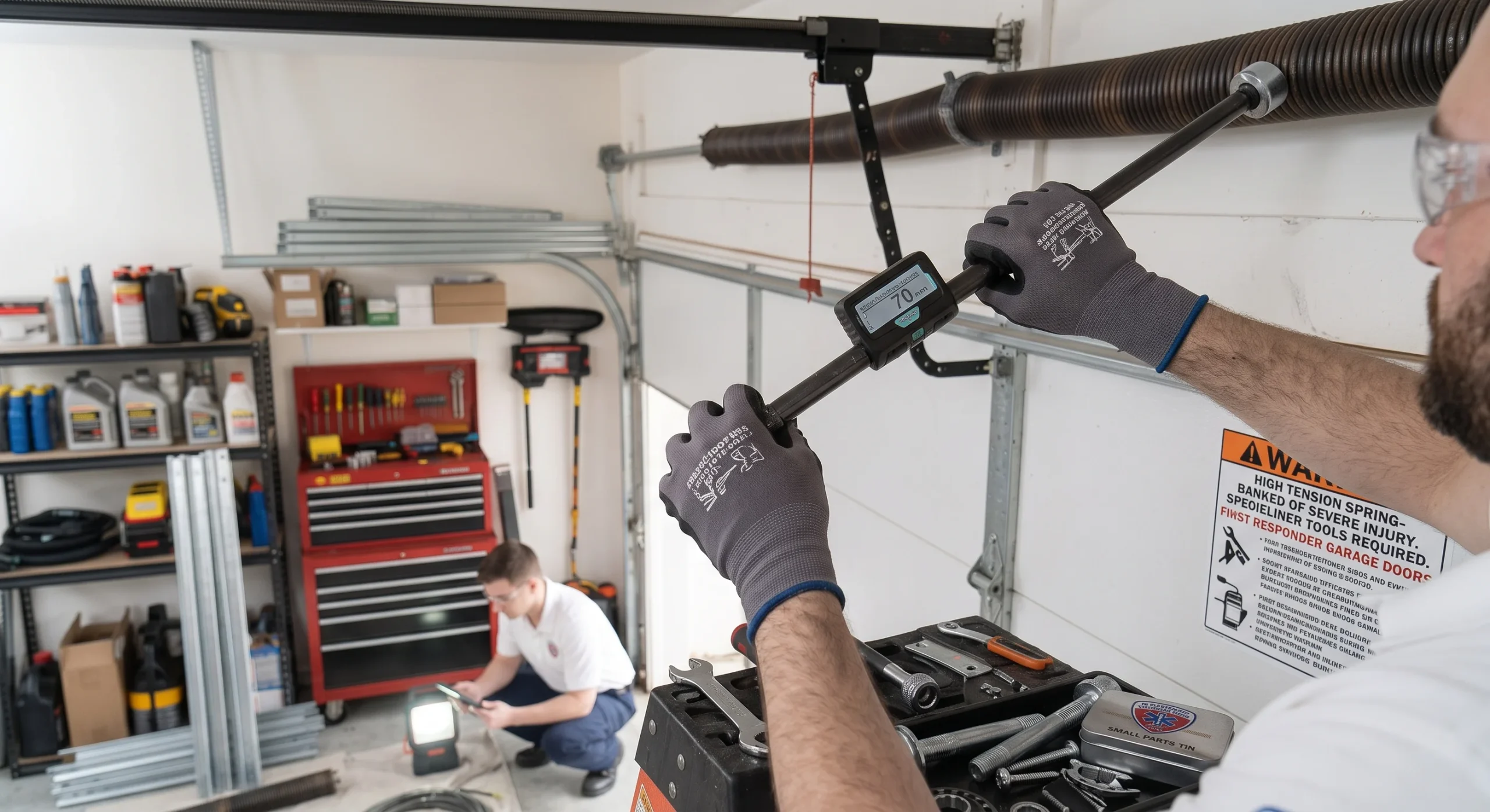 A technician using a digital tension gauge tool while Adjusting Garage Door Springs.
