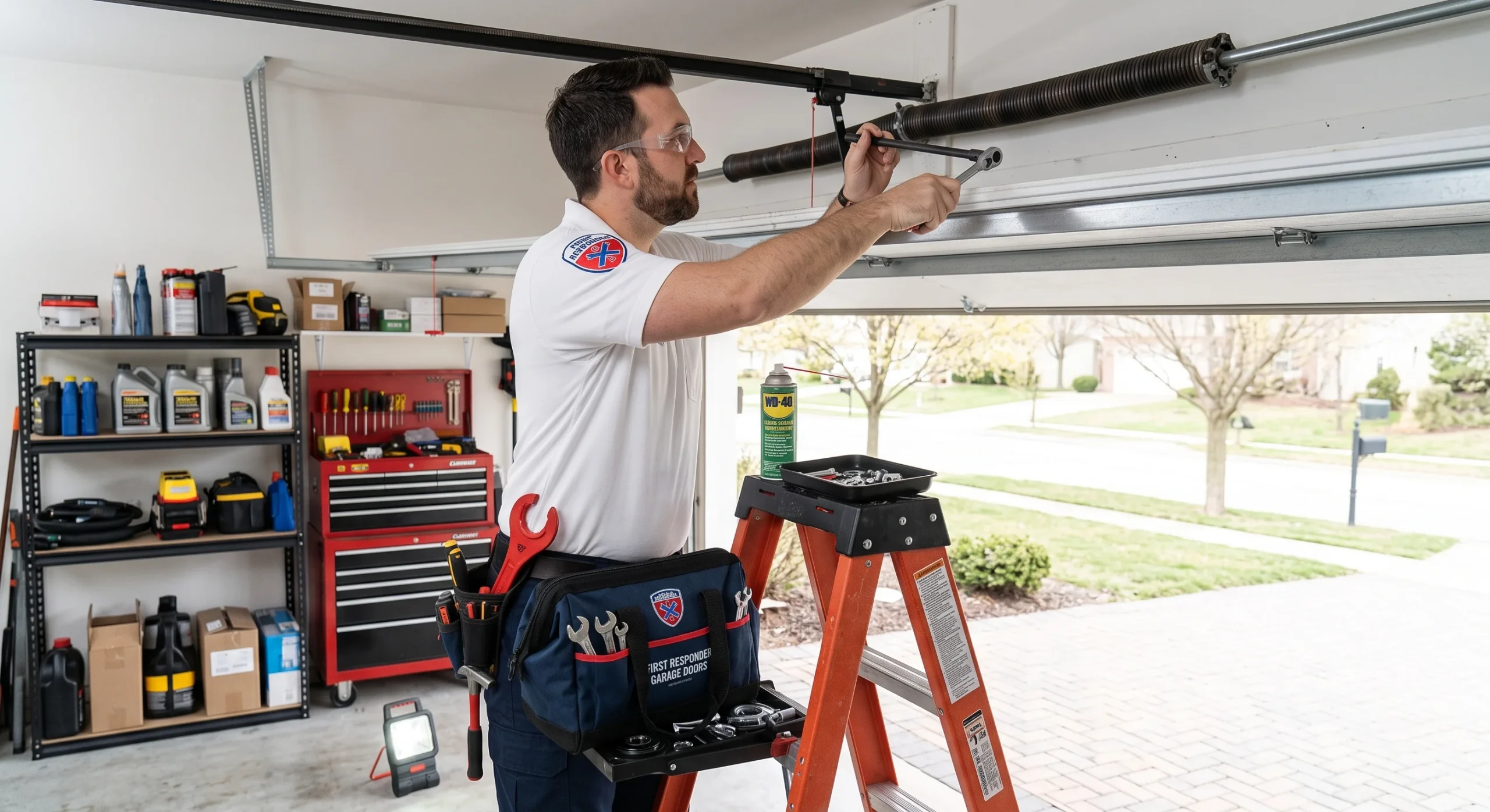A technician using hand tools on a step ladder to perform a Garage Door Spring Adjustment.