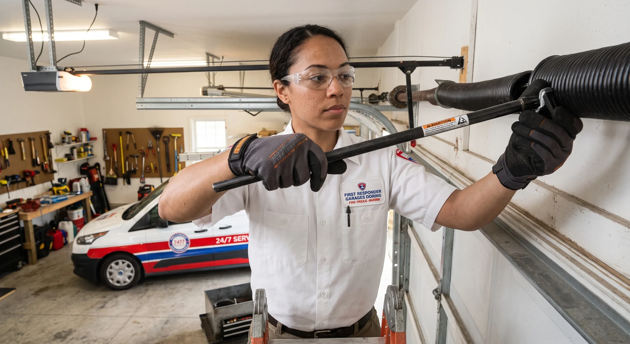 A technician on a ladder using winding bars to tension a torsion spring for Garage Door Spring Repair.
