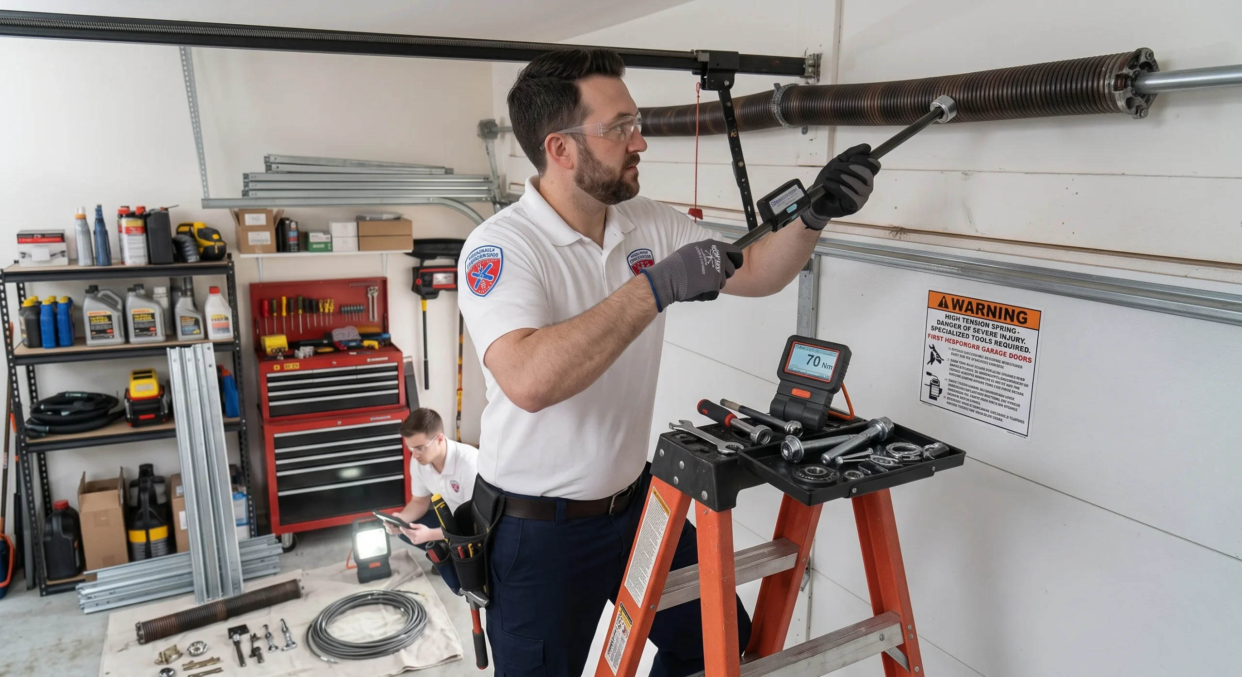 A technician using a torque-measuring winding bar to perform a Professional Garage Door Spring Adjustment.