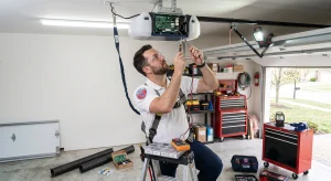 A technician using a multimeter on an opener circuit board while delivering Garage Door Maintenance Services.