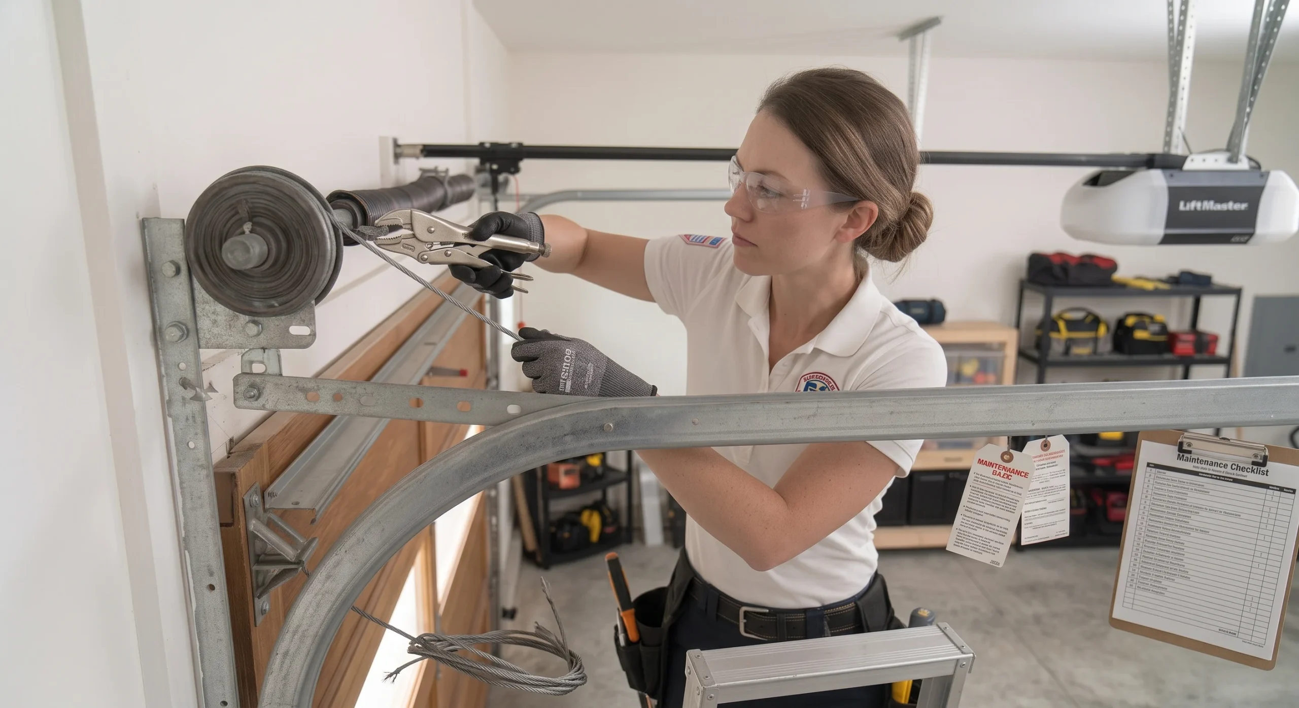A technician using locking pliers to secure a cable drum while fixing Small Garage Door Issues.