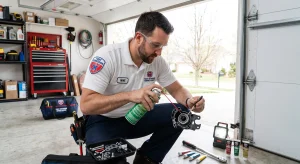 A technician spraying cleaner and lubricating a bearing assembly as part of routine garage door maintenance.