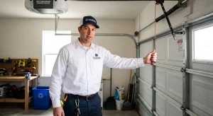 A technician holding the red emergency pull cord connected to the trolley mechanism for a Garage Door Manual Release.