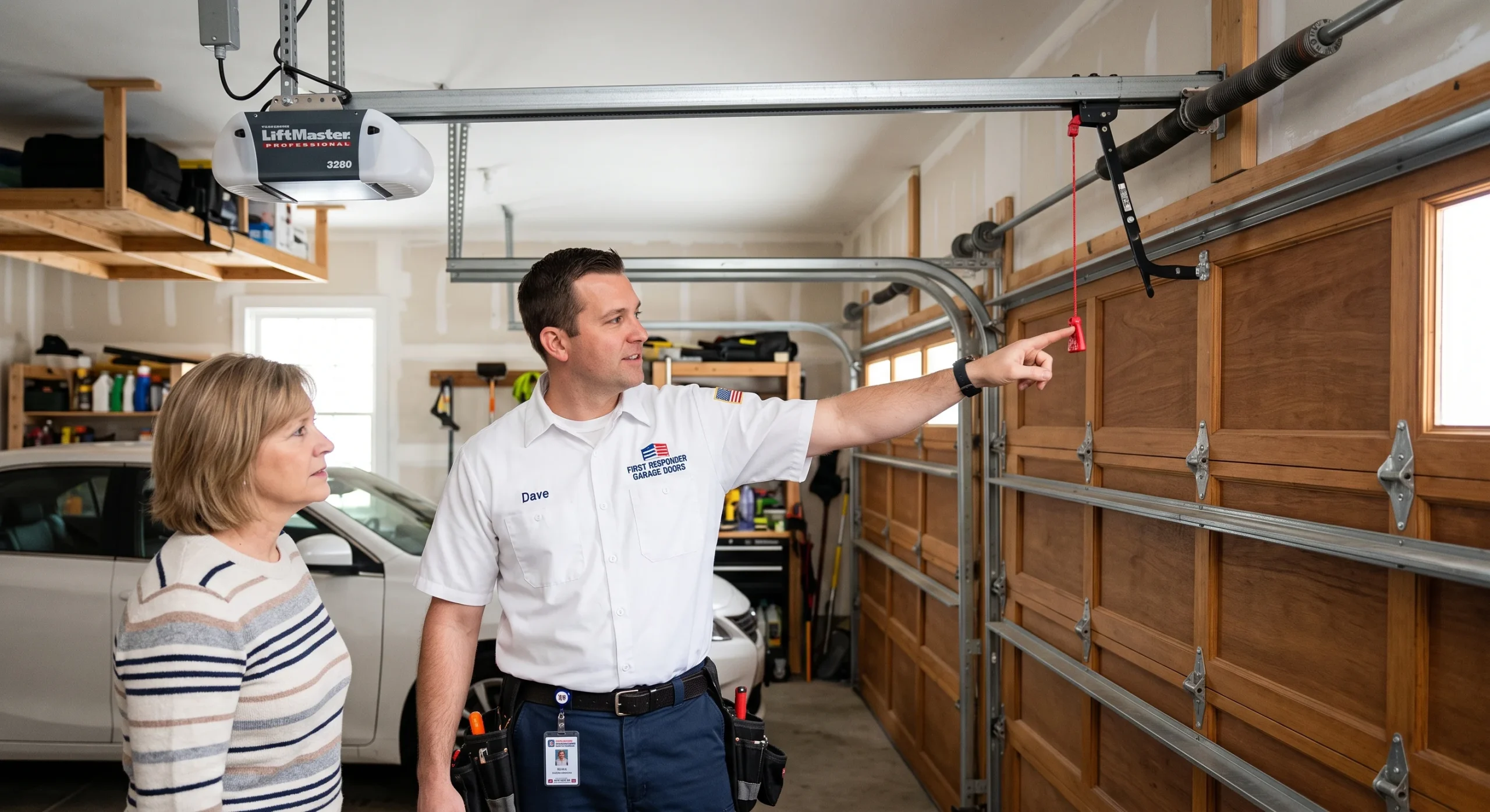 A service technician pointing out the emergency release cord mechanism to a homeowner when a Garage Door Manual Release Stuck.