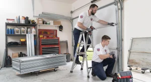 Technicians installing new panel sections during a Garage Door Panel Replacement.