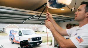 A technician demonstrating the Safe Way to Use the Garage Door Manual Release by carefully pulling the emergency cord.