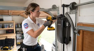 A technician using a power drill to install a wall-mounted LiftMaster unit for a Side Mount Garage Door Opener.
