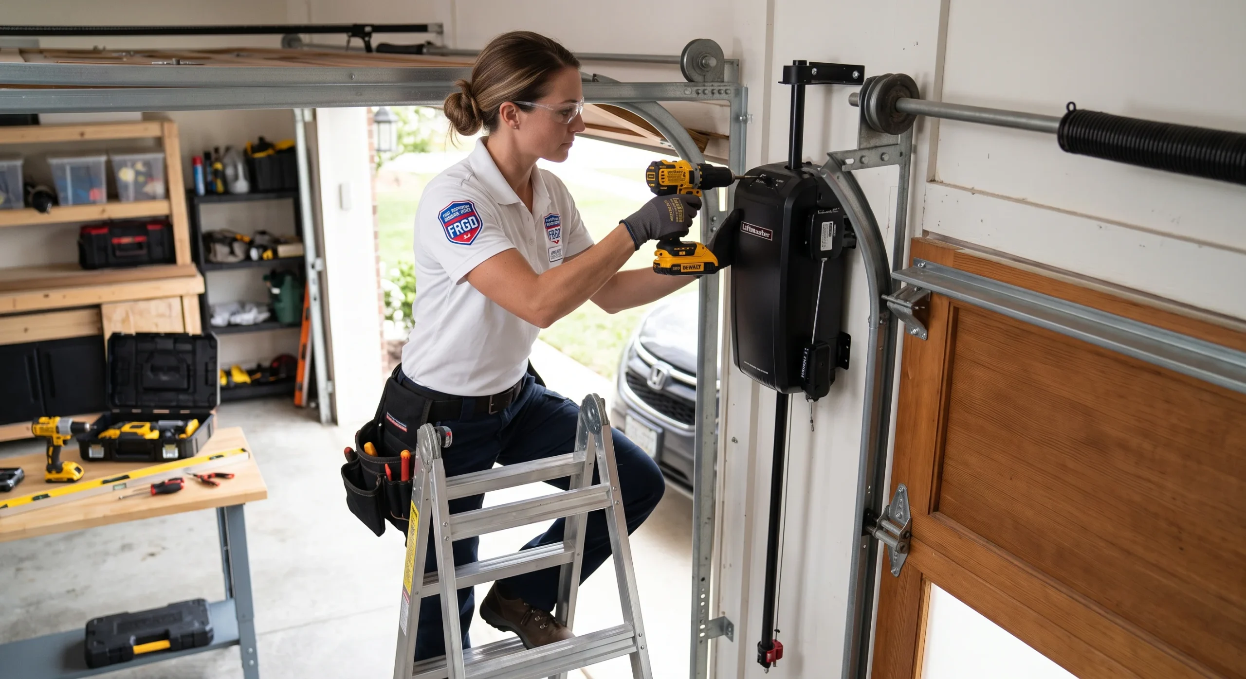 A technician on a ladder using a power driver to service a wall-mounted LiftMaster unit for Side Mount Garage Door Opener Maintenance.