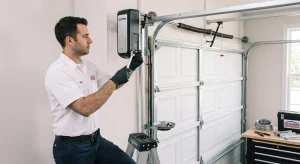 A technician using a wrench to mount a wall-mounted LiftMaster unit during a side mount opener upgrade.