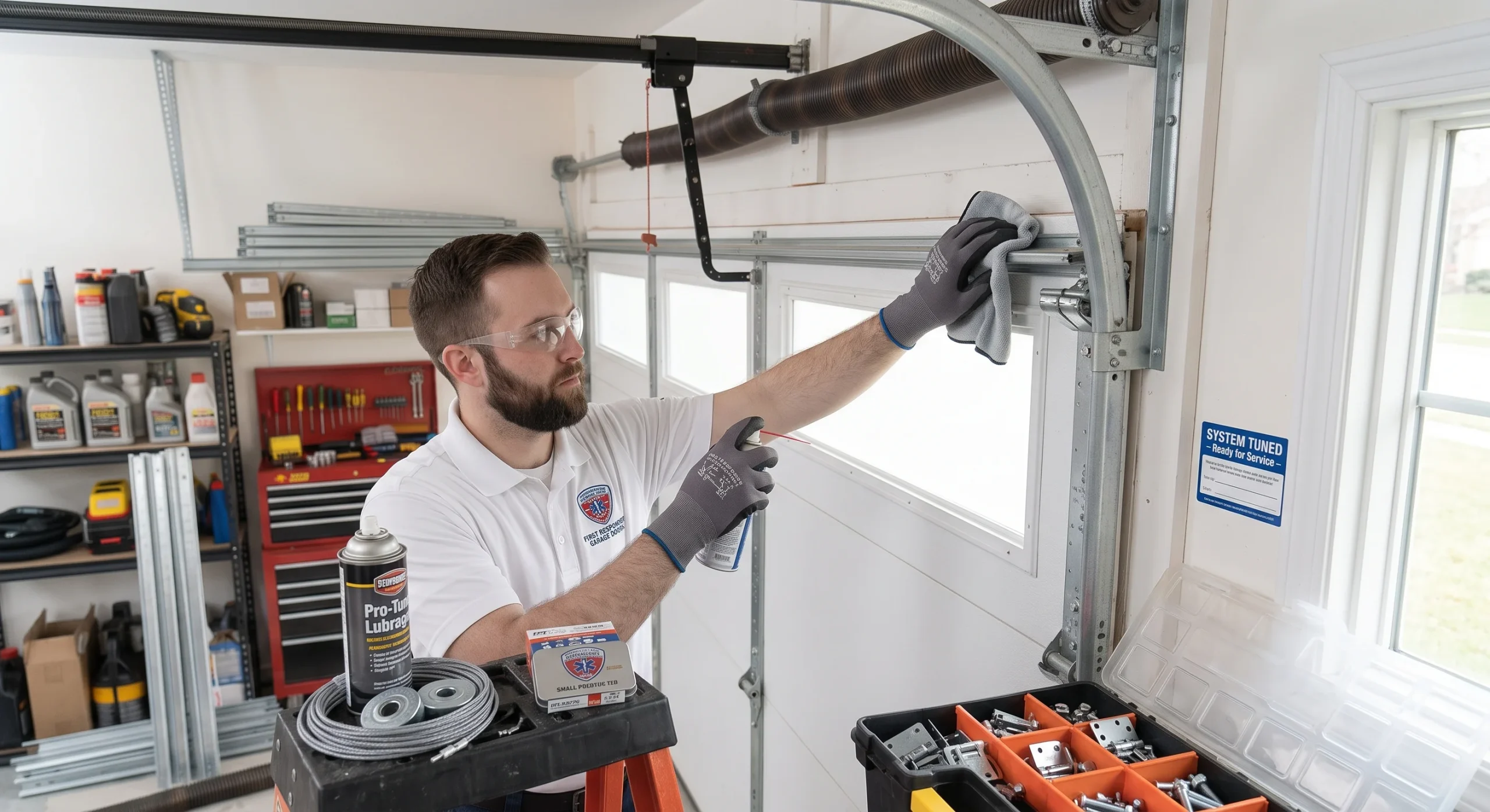 A technician lubricating tracks and wiping down door components during Garage Door Maintenance in Southlake, TX.