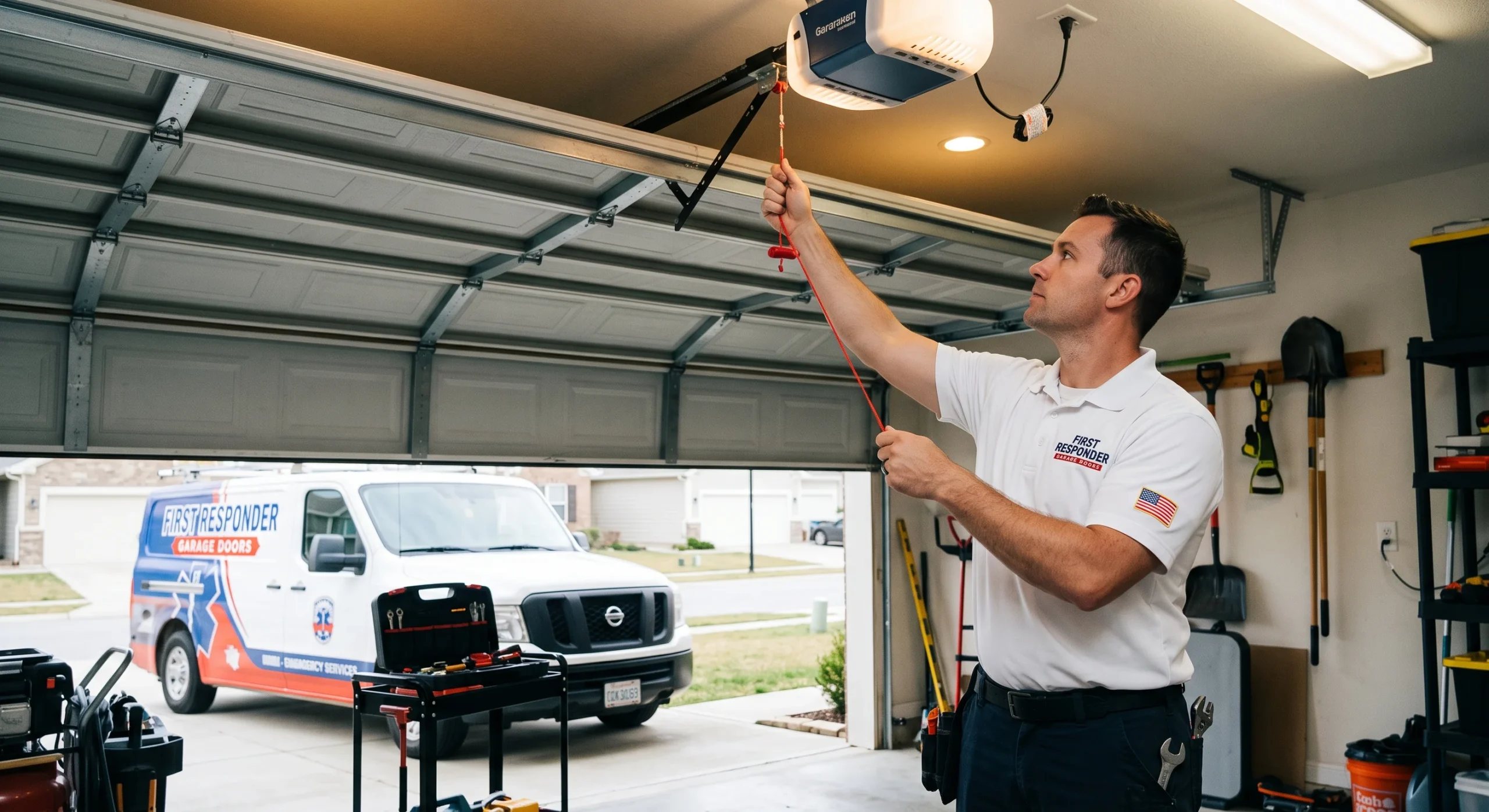 A service technician reaching up to inspect the carriage mechanism during an Emergency Garage Door Release Failure.