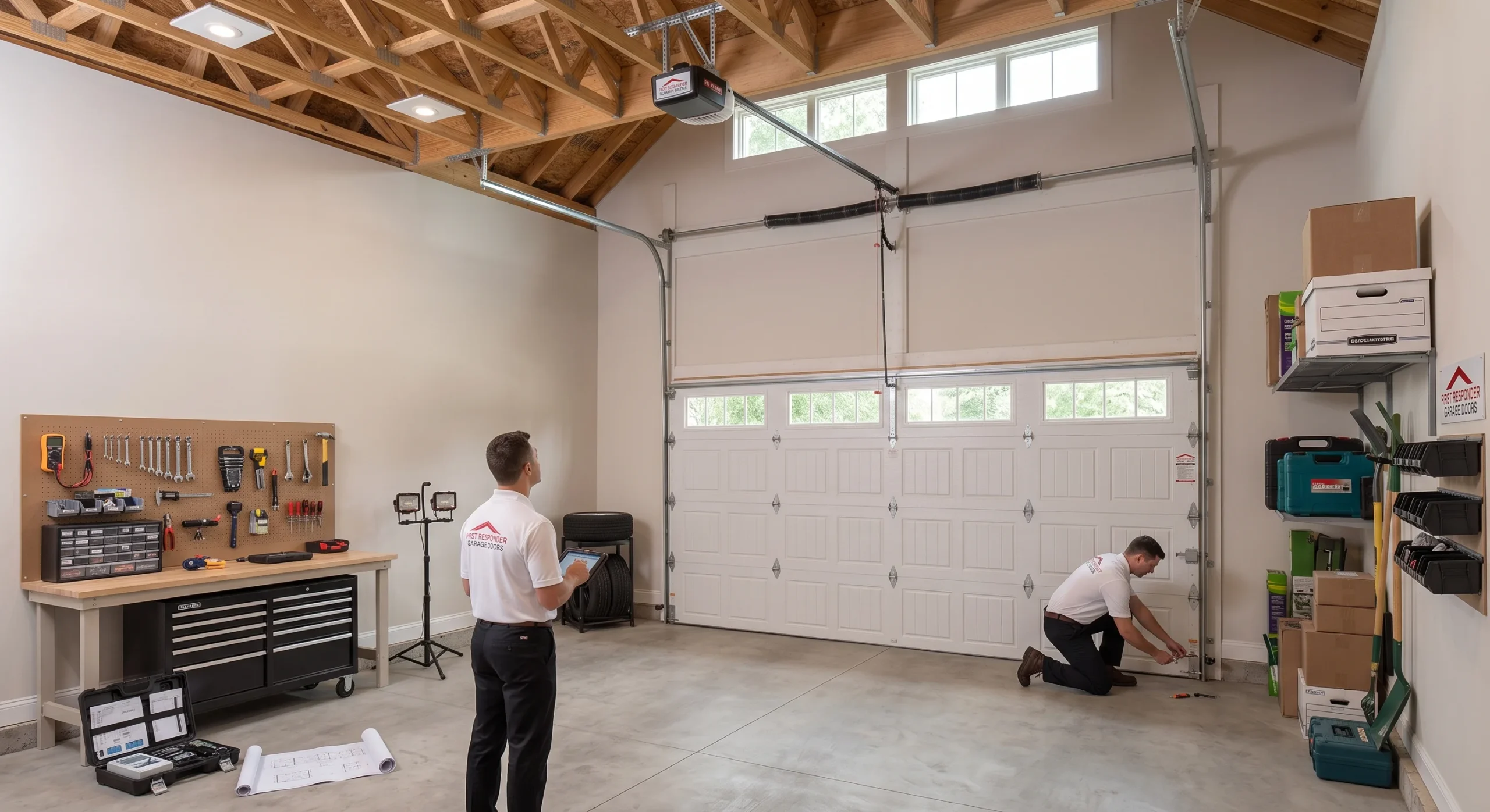 Two technicians performing a multi-point inspection and Garage Door Tune Up in a spacious garage.