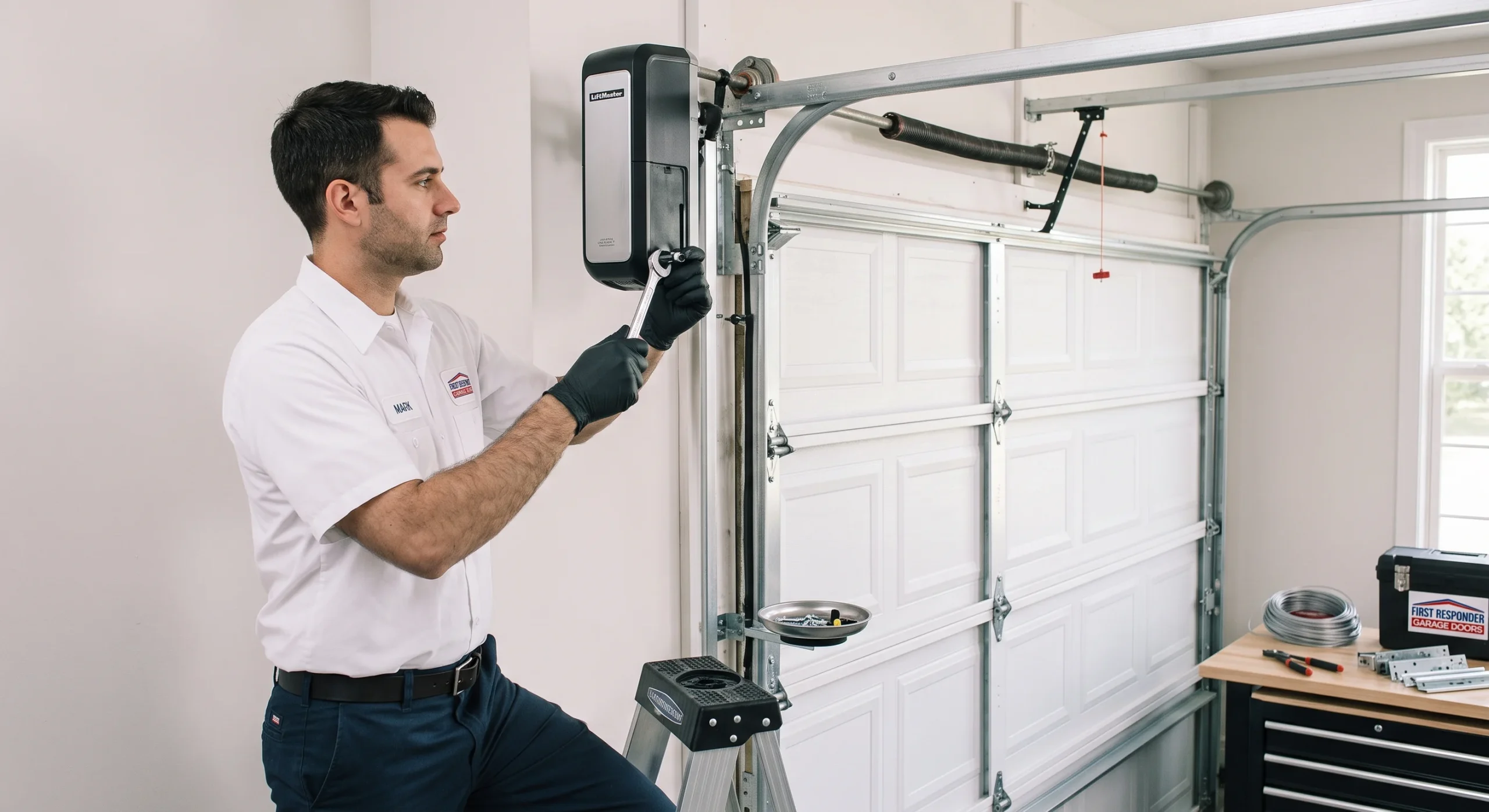 A technician using a socket wrench during a Side Mount Garage Door Opener Installation.