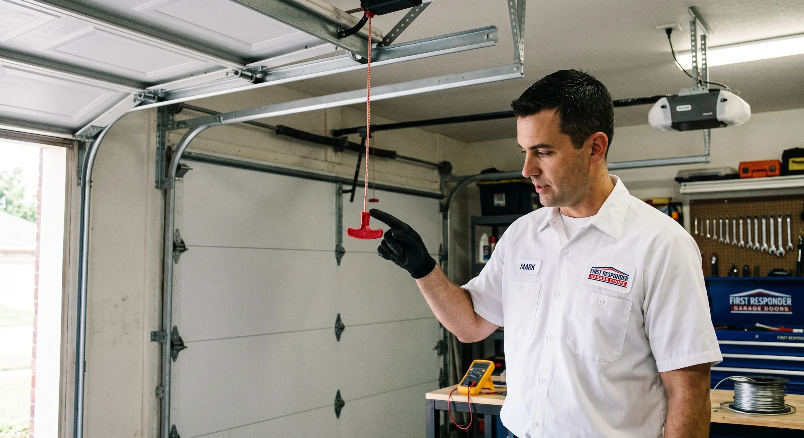 A service technician pointing to the emergency release handle while inspecting a Stuck Manual Garage Door Release.