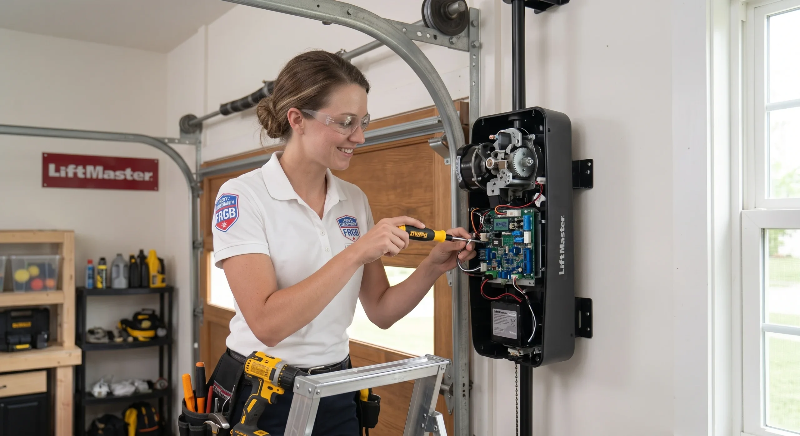 A technician wiring an opened LiftMaster wall-mounted motor during a switch to a side mount garage door opener.